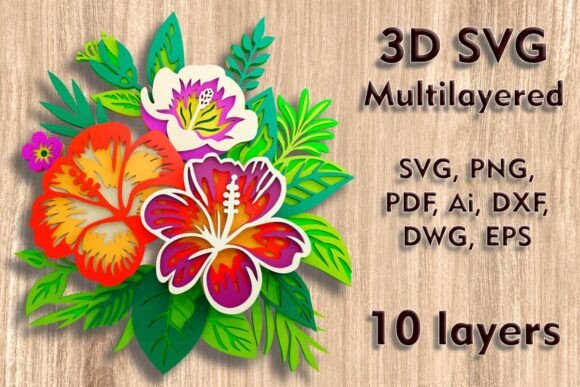 Hibiscus 3D SVG: Laser Cutting Wall Decor