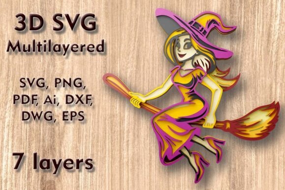 Witch on Broomstick 3D SVG for Laser Cutting